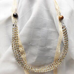 Handmade ribbon necklace with 3mm glass and metal beads - No. 223